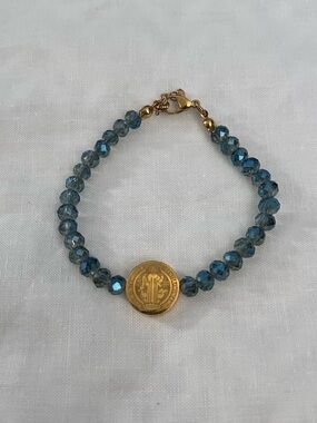 Blue Faceted Glass Bead Gold Tone St Benedict Medallion Charm Boho Bracelet